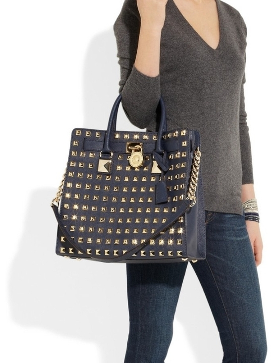 Michael Kors Handbags - Michael Kors Navy Hamilton Limited Tote with Gold Pyramid Studs